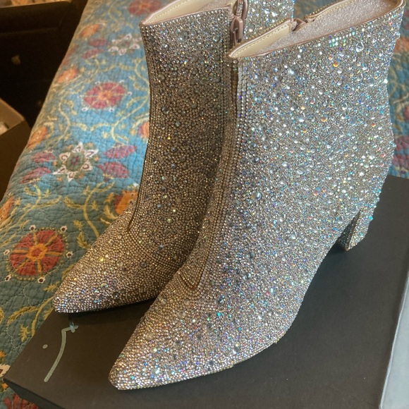 Betsey Johnson Crystal-Embellished Silver Pointed Ankle Boots - Picture 2 of 6